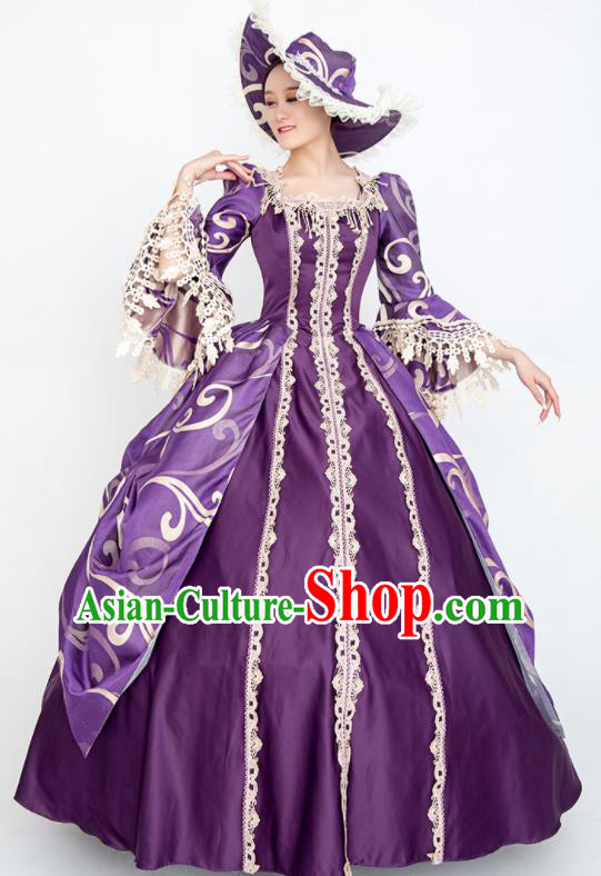 Custom Europe Vintage Full Dress Western Court Fashion European Noble Lady Purple Satin Dress Medieval Age Clothing