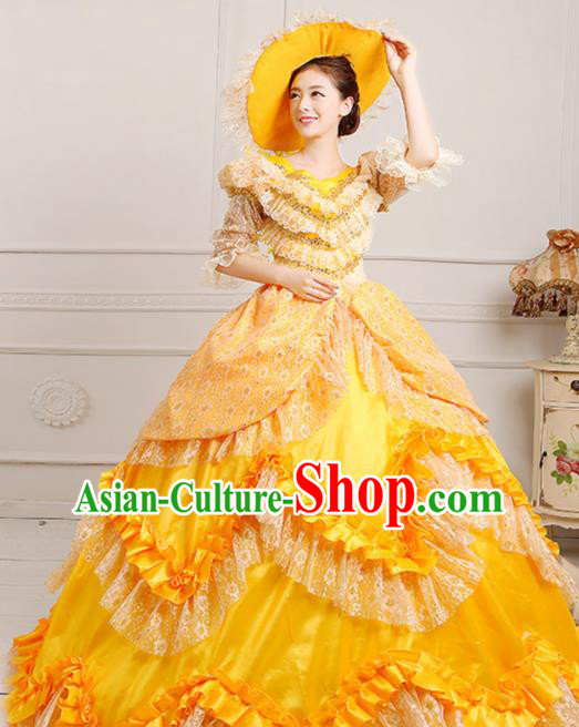 Custom Europe Court Clothing European Woman Yellow Full Dress Western Vintage Fashion Middle Age Royal Countess Dress