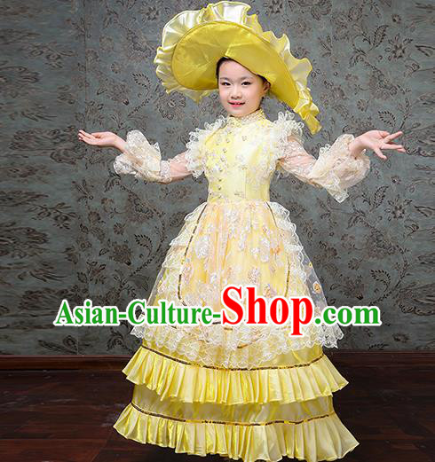 Custom Children Day Performance Yellow Dress Europe Palace Clothing Girl Princess Full Dress Kid Birthday Fashion