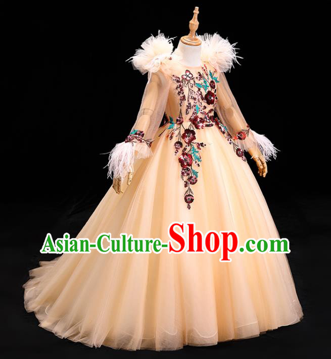 Top Girl Catwalks Show Embroidered Clothing Christmas Princess Formal Garment Children Stage Performance Champagne Veil Evening Dress