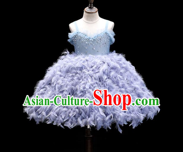 Top Girl Catwalks Show Bubble Evening Dress Christmas Princess Garment Children Stage Performance Blue Feather Formal Clothing