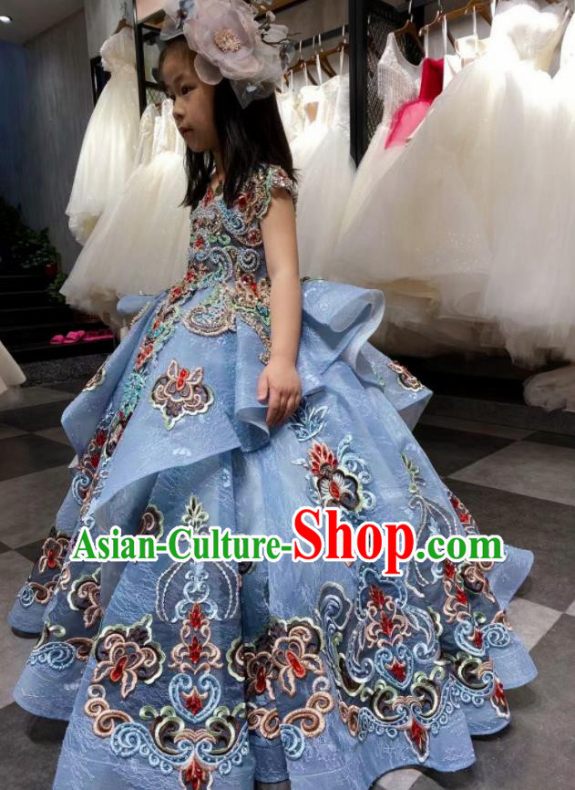 Top Girl Catwalks Show Embroidered Blue Evening Dress Christmas Baroque Princess Garment Children Stage Performance Formal Clothing