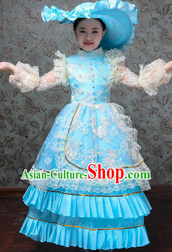 Custom Europe Palace Clothing Girl Princess Full Dress Kid Birthday Fashion Children Day Performance Blue Dress