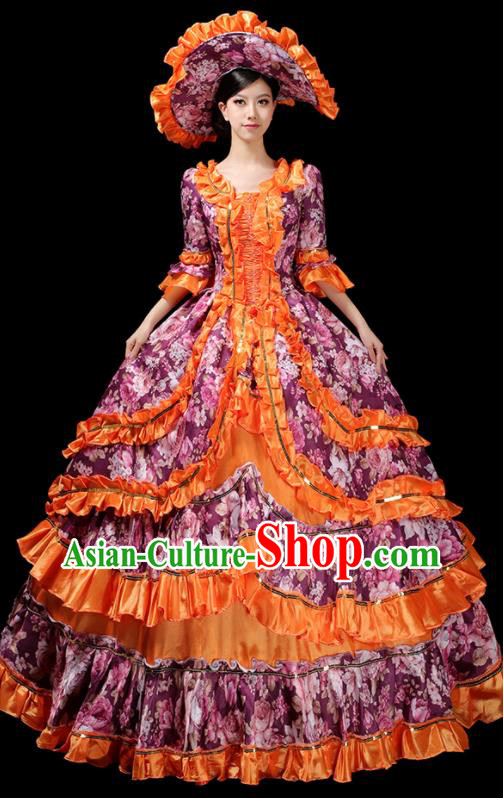 Custom European Vintage Printing Dress Opera Performance Fashion Europe Catwalks Clothing Western Royal Purple Full Dress