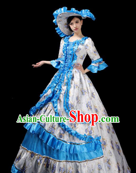 Custom Europe Catwalks Clothing Western Royal Blue Full Dress European Vintage Printing Dress Opera Performance Fashion