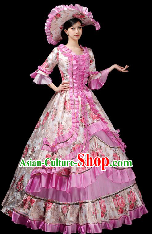 Custom Western Royal Pink Full Dress European Vintage Printing Dress Opera Performance Fashion Europe Catwalks Clothing