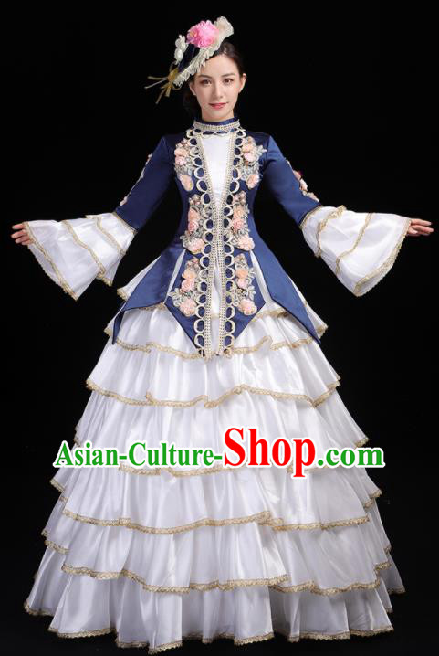 Custom Catwalks Navy Full Dress European Medieval Vintage Dress Western Opera Performance Fashion Europe Court Woman Clothing