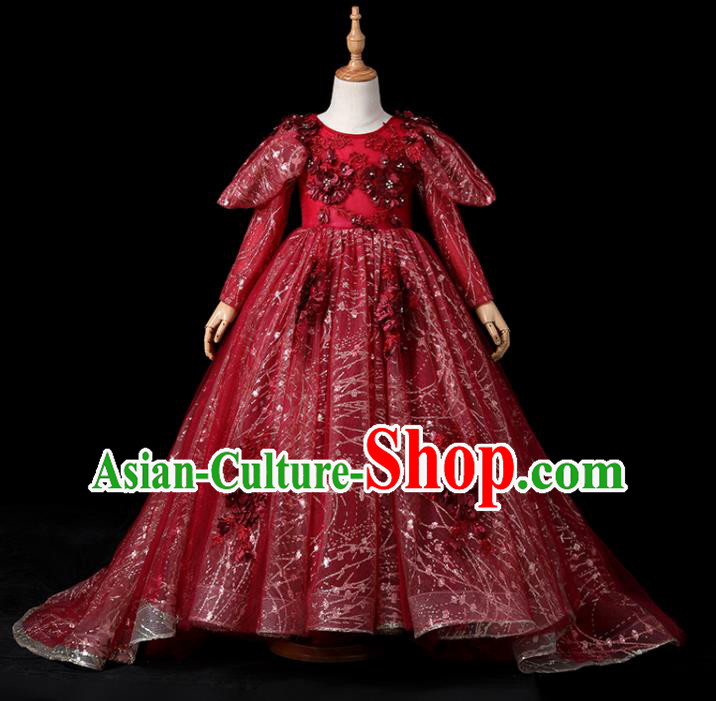 Top Children Stage Show Formal Clothing Girl Catwalks Wine Red Evening Dress Christmas Princess Fashion Garment
