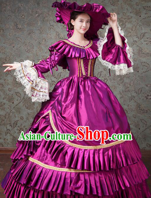 Custom Europe Duchess Clothing Catwalks Purple Satin Full Dress European Medieval Vintage Dress Western Stage Opera Fashion