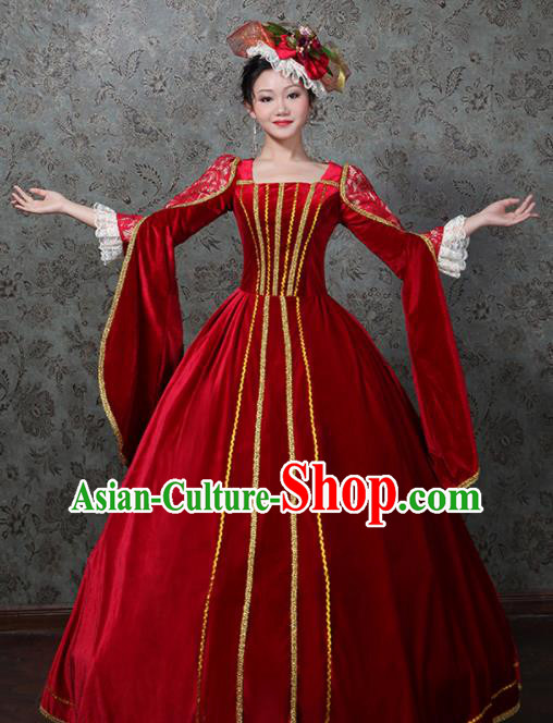 Custom European Queen Red Velvet Dress Western Vintage Fashion Europe Noble Woman Clothing Catwalks Full Dress