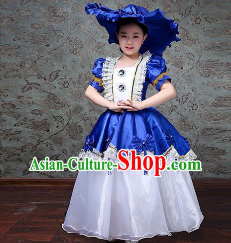 Custom Europe Princess Clothing Girl Royalblue Full Dress Kid Performance Fashion Children Day Catwalks Dress