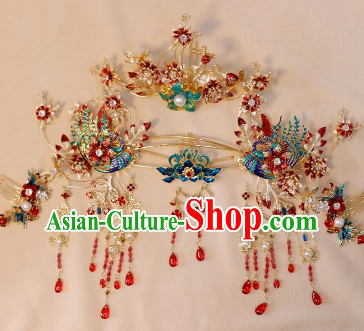 Chinese Classical Wedding Hair Accessories Xiuhe Suits Headpieces Handmade Headdress Ancient Bride Blueing Phoenix Hairpins and Hair Comb
