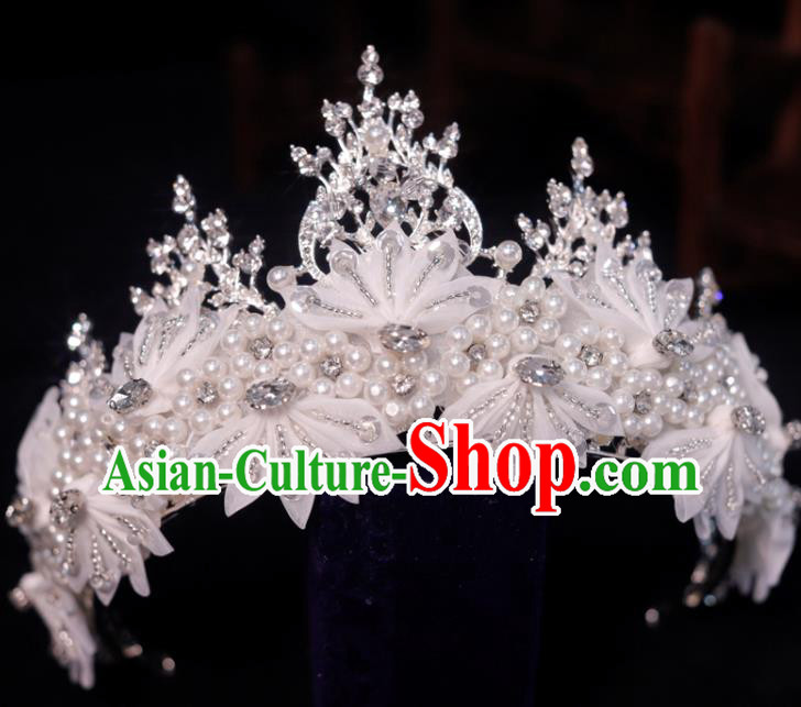 Top Grade Royal Crown Princess Hair Accessories Handmade Wedding Hair Clasp Bride White Silk Flowers Headpiece