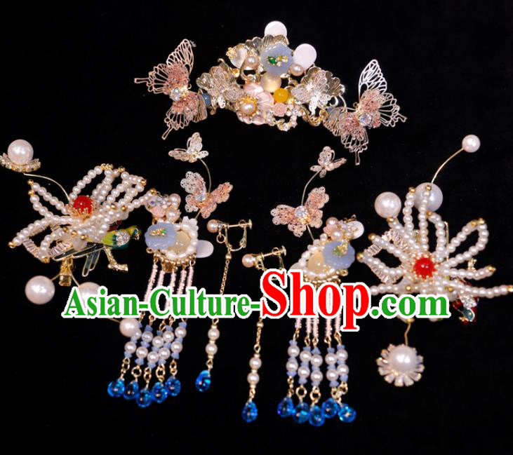 Chinese Ancient Bride Pearls Hairpins and Hair Comb Classical Wedding Hair Accessories Xiuhe Suits Headpieces Handmade Headdress