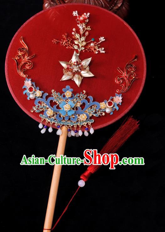 Handmade China Wedding Red Fan Ancient Bride Circular Fan Traditional Silk Fan Classical Dance Palace Fan