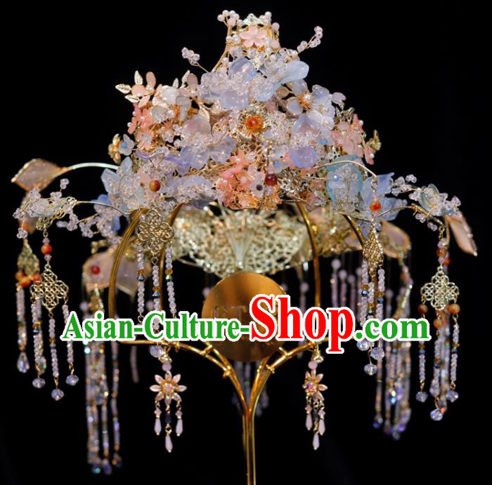 Chinese Classical Hair Accessories Xiuhe Suits Phoenix Coronet Handmade Wedding Headdress Ancient Bride Blue Flowers Hair Crown