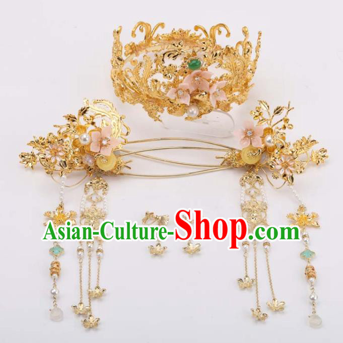 Chinese Handmade Wedding Headdress Ancient Bride Golden Hair Crown and Tassel Hairpins Classical Hair Accessories Xiuhe Suits Phoenix Coronet