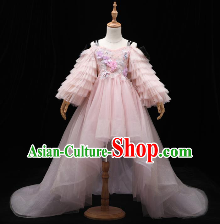Top Children Stage Show Formal Clothing Girl Catwalks Pink Veil Trailing Evening Dress Christmas Princess Dance Fashion Garment