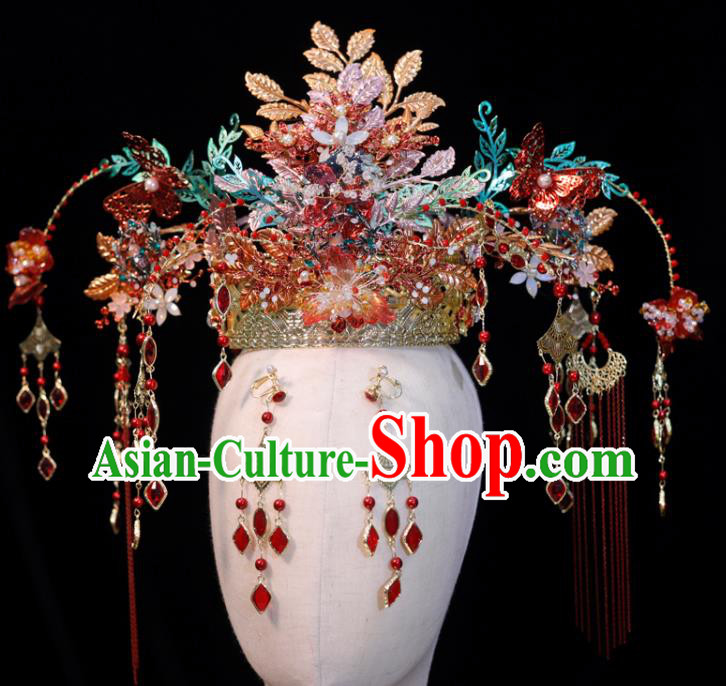 Chinese Wedding Hair Accessories Classical Phoenix Coronet Handmade Xiuhe Suits Headdress Ancient Bride Red Butterfly Hair Crown