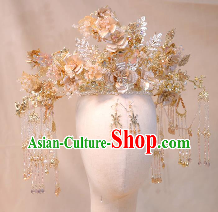 Chinese Ancient Bride Tassel Hair Crown Wedding Hair Accessories Classical Phoenix Coronet Handmade Xiuhe Suits Headdress