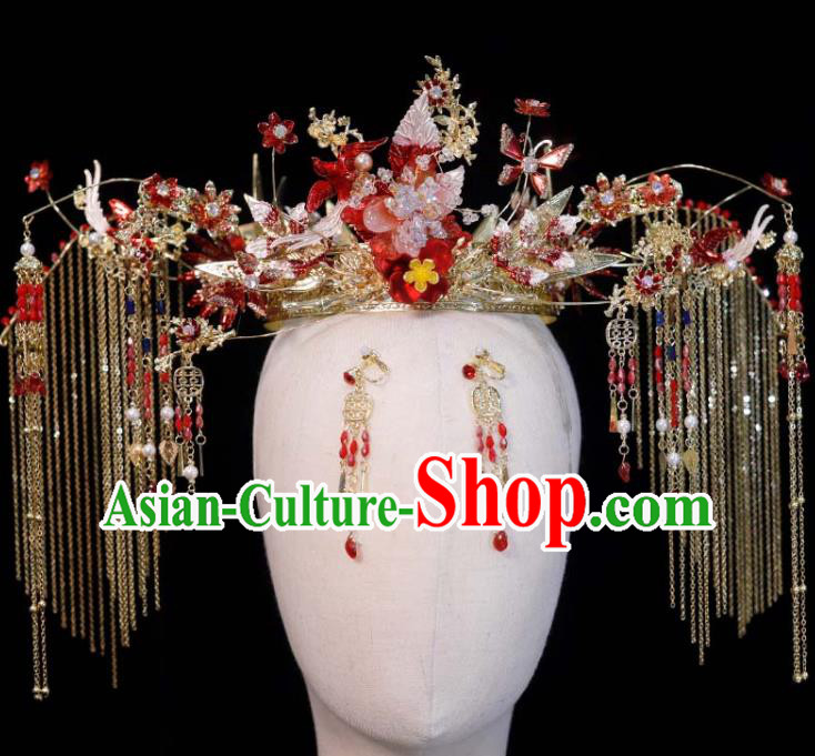 Chinese Classical Red Phoenix Coronet Handmade Xiuhe Suits Headdress Ancient Bride Golden Tassel Hair Crown Wedding Hair Accessories