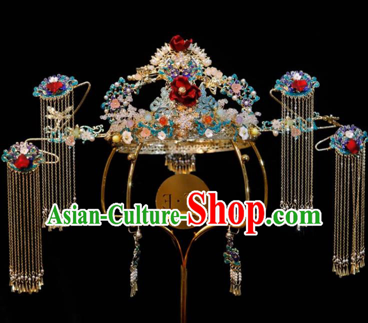 Chinese Ancient Bride Deluxe Tassel Hair Crown Wedding Cloisonne Phoenix Coronet Classical Headpieces Handmade Hair Accessories