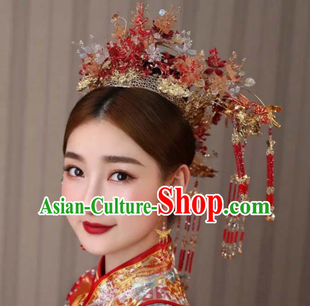 Chinese Handmade Hair Accessories Ancient Bride Red Tassel Hair Crown Wedding Phoenix Coronet Classical Headpieces
