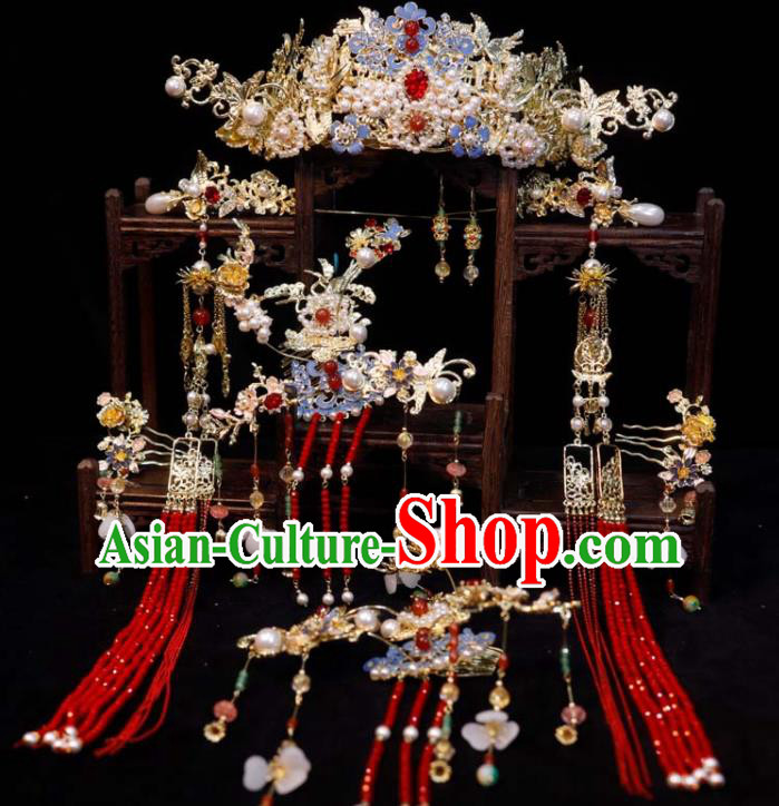 Chinese Classical Headpieces Handmade Hair Accessories Ancient Bride Hair Crown Wedding Cloisonne Phoenix Coronet and Tassel Hairpins
