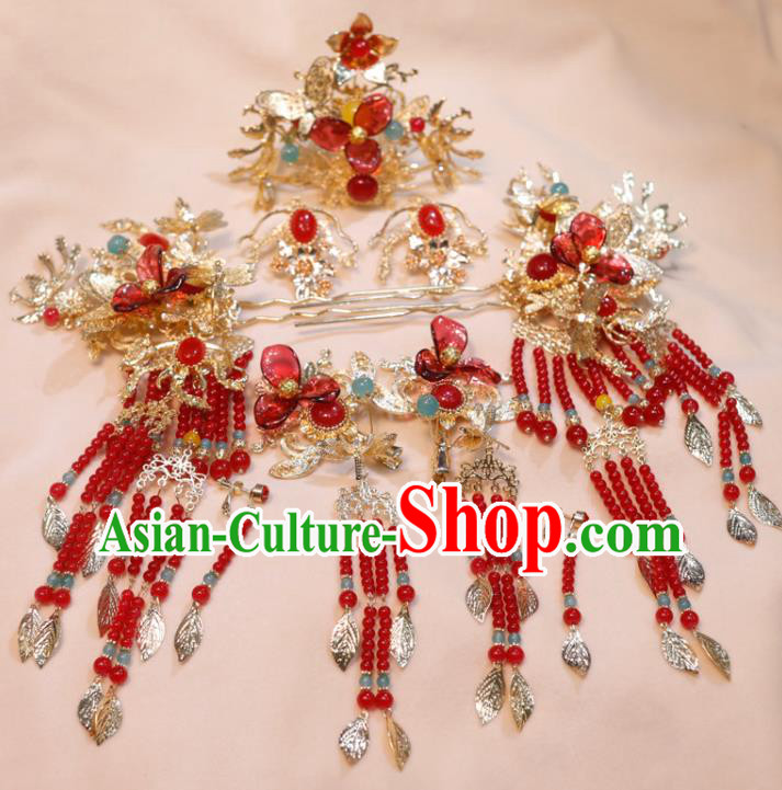 Chinese Handmade Tassel Hairpins and Hair Crown Classical Wedding Hair Accessories Ancient Bride Headpieces Xiuhe Suits Headdress