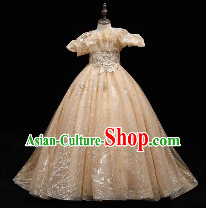 Top Catwalks Golden Trailing Evening Dress Girl Princess Fashion Garment Children Stage Show Formal Clothing