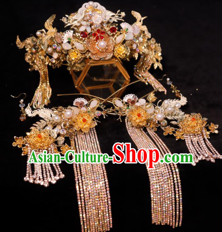 Chinese Ancient Bride Hair Crown and Tassel Hairpins Xiuhe Suits Headdress Handmade Phoenix Coronet Classical Wedding Hair Accessories
