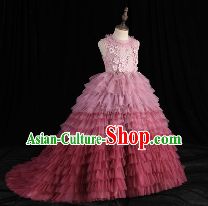 Top Girl Princess Performance Fashion Garment Children Stage Show Formal Clothing Catwalks Pink Veil Trailing Evening Dress