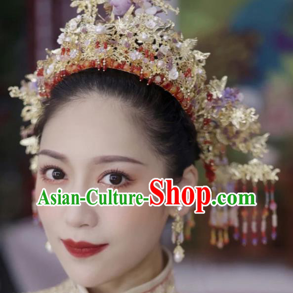 Chinese Classical Tassel Hair Crown Hanfu Headdress Handmade Wedding Hair Accessories Ancient Bride Phoenix Coronet