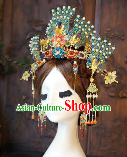 Chinese Wedding Hair Accessories Ancient Bride Enamel Phoenix Coronet Classical Amethyst Hairpins Handmade Qing Dynasty Queen Headdress