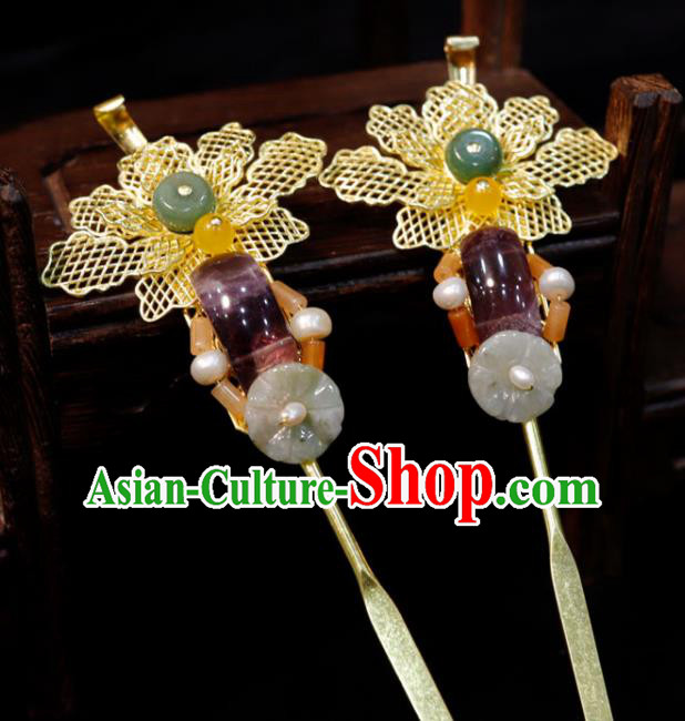 Chinese Ancient Bride Golden Peony Hairpin Classical Amethyst Jade Hair Stick Handmade Qing Dynasty Queen Headpiece Wedding Hair Accessories