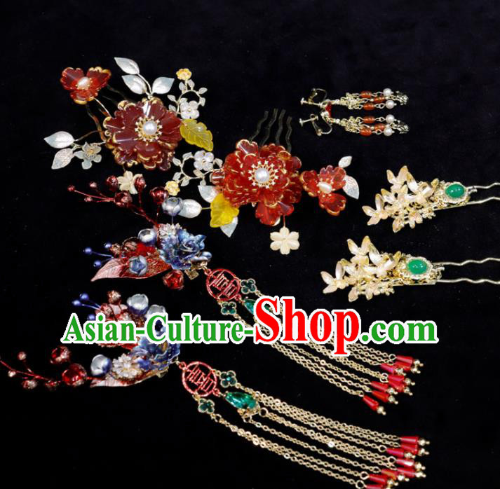 Chinese Handmade Wedding Headpieces Xiuhe Suits Hair Accessories Ancient Bride Tassel Hairpin Classical Red Peony Hair Combs