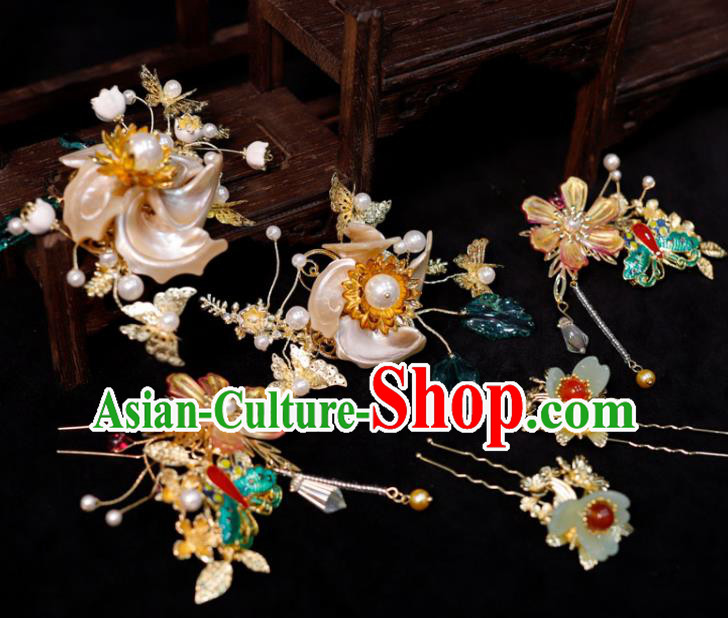 Chinese Ancient Bride Shell Hairpins Classical Cloisonne Hair Sticks Handmade Wedding Headpieces Xiuhe Suits Hair Accessories