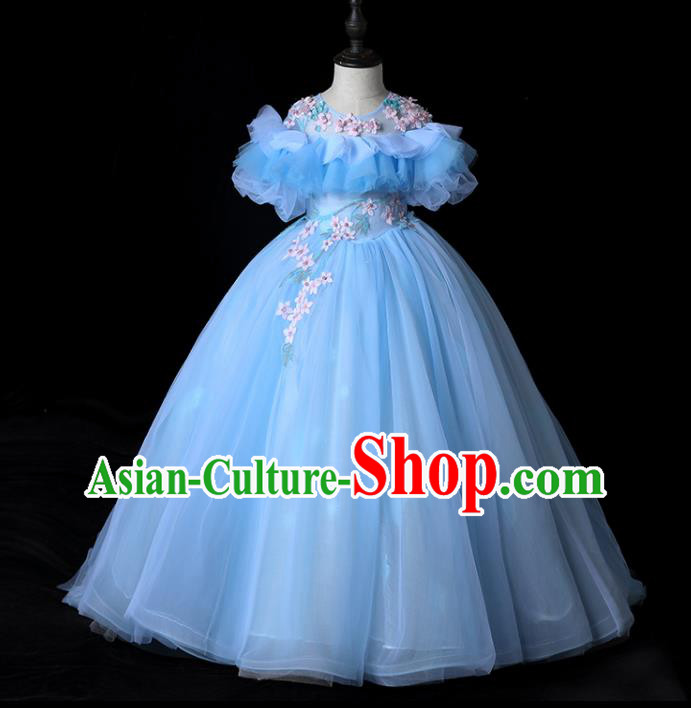 Top Children Flower Fairy Formal Clothing Catwalks Compere Blue Veil Evening Dress Girl Performance Fashion Garment
