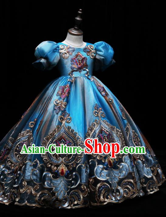 Top Catwalks Embroidered Blue Evening Dress Baroque Girl Princess Fashion Garment Children Stage Show Formal Clothing