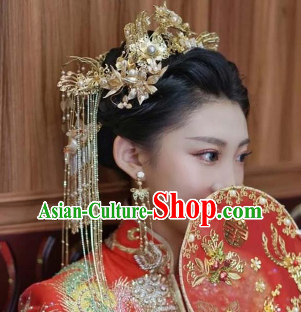 Chinese XiuHe Headpieces Handmade Wedding Hair Accessories Ancient Bride Hair Crown Classical Golden Phoenix Coronet
