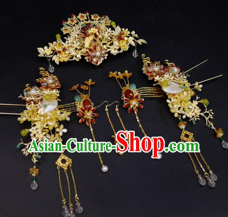 Chinese Classical Fragrans Hairpins Handmade Wedding Headdress XiuHe Suits Hair Accessories Ancient Bride Golden Hair Crown