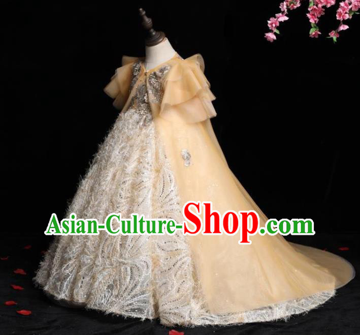 Top Girl Catwalks Beige Feather Trailing Evening Dress Princess Fashion Garment Children Stage Show Formal Clothing