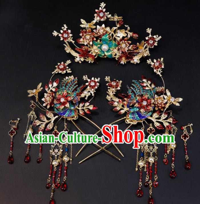 Chinese Handmade Wedding Headdress Traditional XiuHe Hair Accessories Ancient Cloisonne Hair Crown Classical Tassel Hairpins