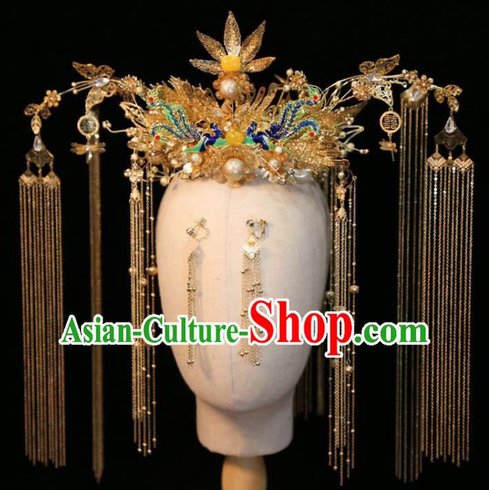 Chinese Classical Golden Phoenix Coronet Handmade Wedding Headdress Traditional XiuHe Hair Accessories Ancient Bride Cloisonne Hair Crown