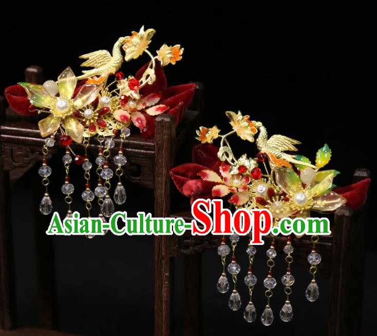 China Handmade Wedding Hair Accessories Traditional Hanfu Hairpins Ancient Bride Golden Crane Hair Sticks