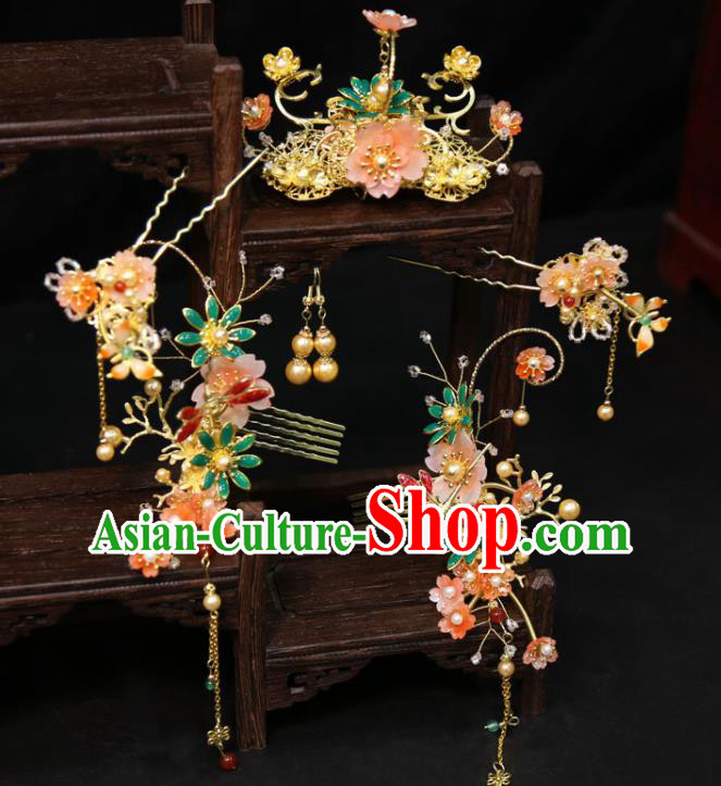 Chinese Traditional XiuHe Hair Accessories Ancient Bride Enamel Hair Combs Classical Tassel Hairpins Handmade Wedding Headdress
