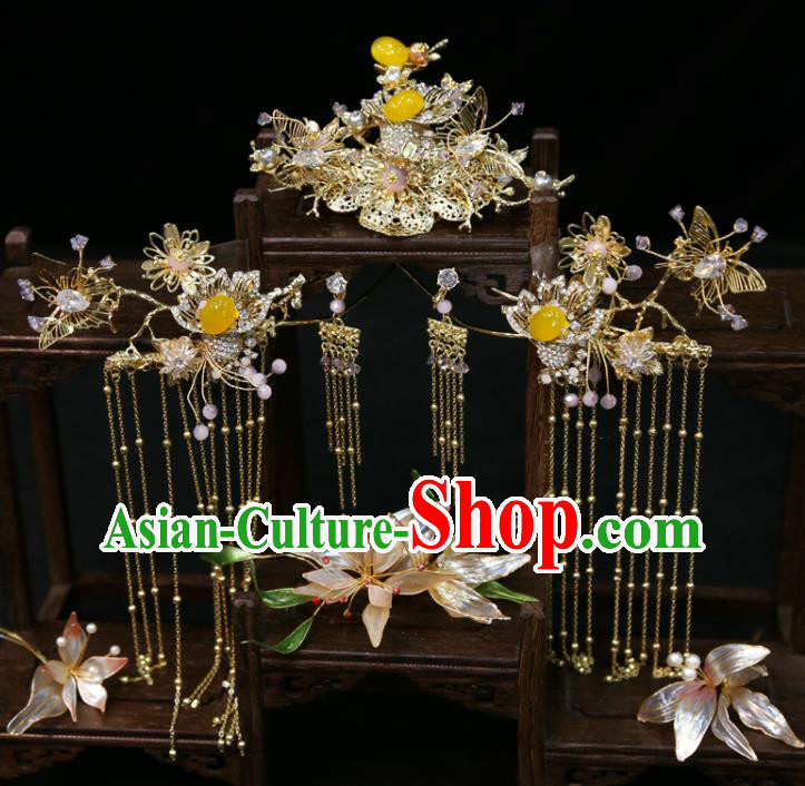 Chinese Handmade Wedding Headdress Traditional XiuHe Hair Accessories Ancient Bride Golden Hair Comb Classical Tassel Hairpins