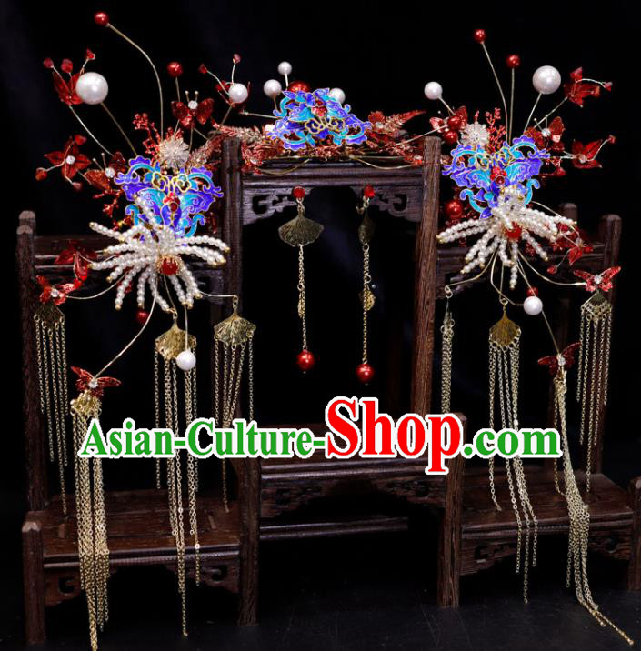 Chinese Handmade Wedding Headpieces Ming Dynasty Hair Accessories Ancient Bride Hair Comb Classical Cloisonne Hairpins