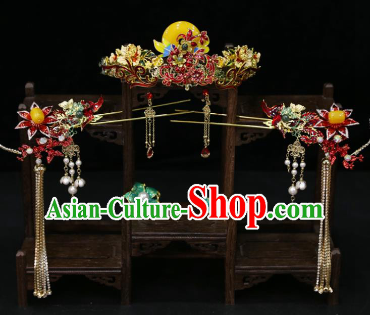 Chinese Classical Tassel Hairpins Handmade Wedding Headdress Traditional XiuHe Hair Accessories Ancient Bride Cloisonne Red Hair Crown Full Set
