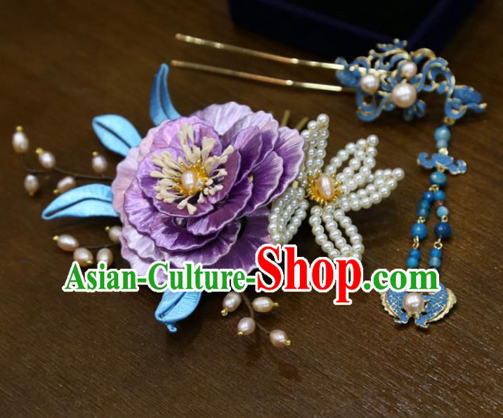 China Ancient Bride Purple Silk Peony Hair Stick Handmade Ming Dynasty Wedding Hair Accessories Traditional Hanfu Cloisonne Tassel Hairpin